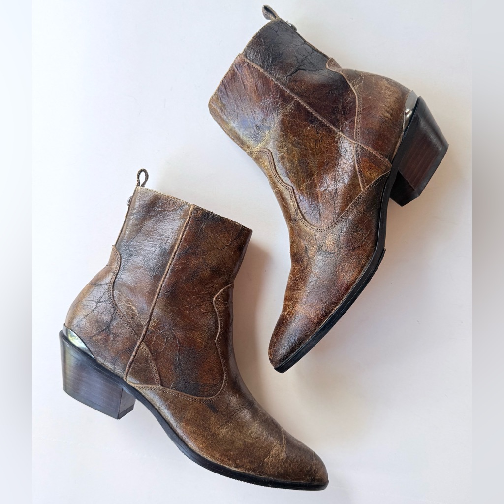 Donald J. Pliner Jessie Western Ankle Boot In Brown Crackle Distressed Leather 8
